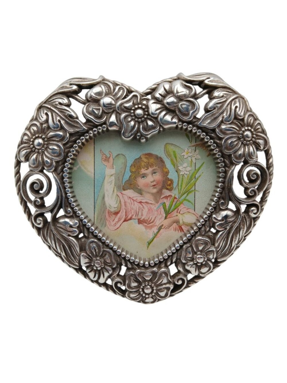 Brighton Heart Photo Frame Floral Openwork Silver Tone 4.75 Inch